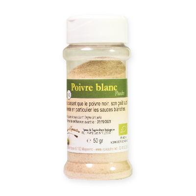 Poivre blanc Bio en poudre - pot distributeur - poids net 50g